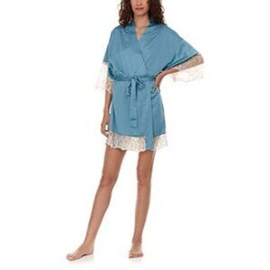 Flora Nikrooz Gabby Satin Kimono Robe XTRA SMALL TEAL NWT